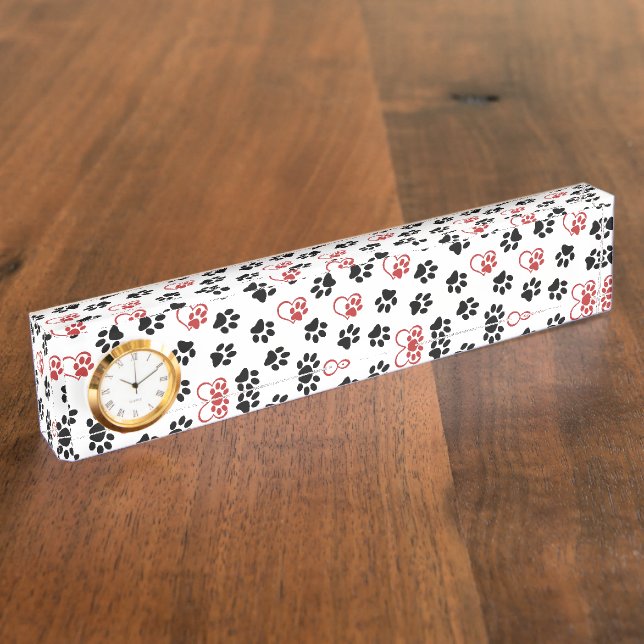 Pattern Of Paws, Black Paws, Red Paws, Hearts Nameplate (Side)