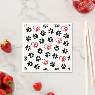 Pattern Of Paws, Black Paws, Red Paws, Hearts Napkin