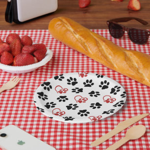 Pattern Of Paws, Black Paws, Red Paws, Hearts Paper Plate