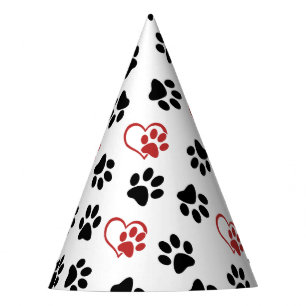 Pattern Of Paws, Black Paws, Red Paws, Hearts Party Hat