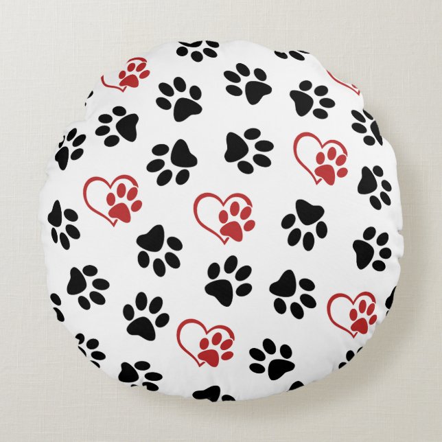 Pattern Of Paws, Black Paws, Red Paws, Hearts Round Cushion (Front)