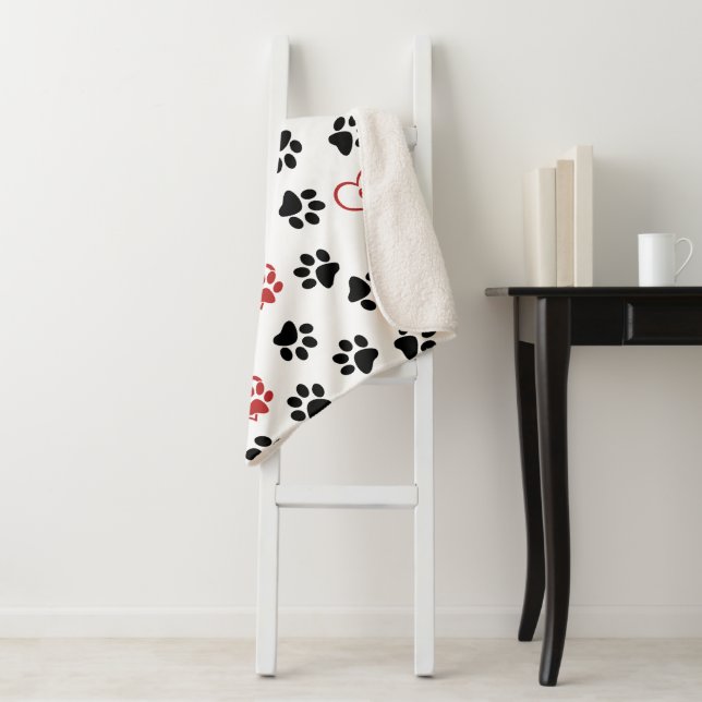 Pattern Of Paws, Black Paws, Red Paws, Hearts Sherpa Blanket (In Situ)