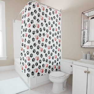 Pattern Of Paws, Black Paws, Red Paws, Hearts Shower Curtain