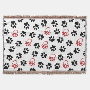 Pattern Of Paws, Black Paws, Red Paws, Hearts Throw Blanket