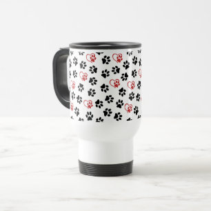 Pattern Of Paws, Black Paws, Red Paws, Hearts Travel Mug