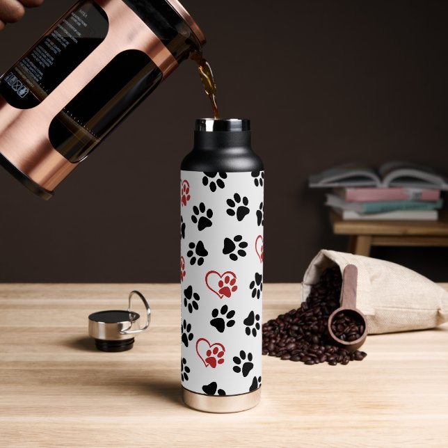 Pattern Of Paws, Black Paws, Red Paws, Hearts Water Bottle (Coffee)