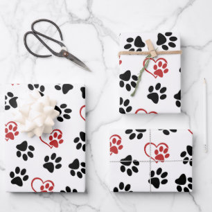 Pattern Of Paws, Black Paws, Red Paws, Hearts Wrapping Paper Sheet