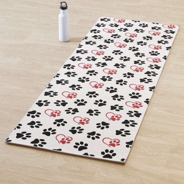 Pattern Of Paws, Black Paws, Red Paws, Hearts Yoga Mat (In Situ)