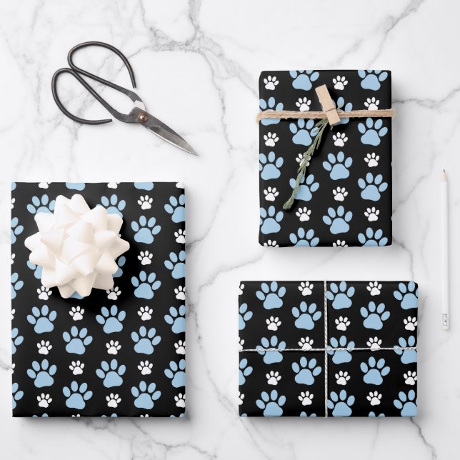 Pattern Of Paws, Blue Paws, Dog Paws, Animal Paws Wrapping Paper Sheet (Front)