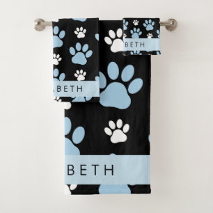 Pattern Of Paws, Blue Paws, Dog Paws, Your Name Bath Towel Set
