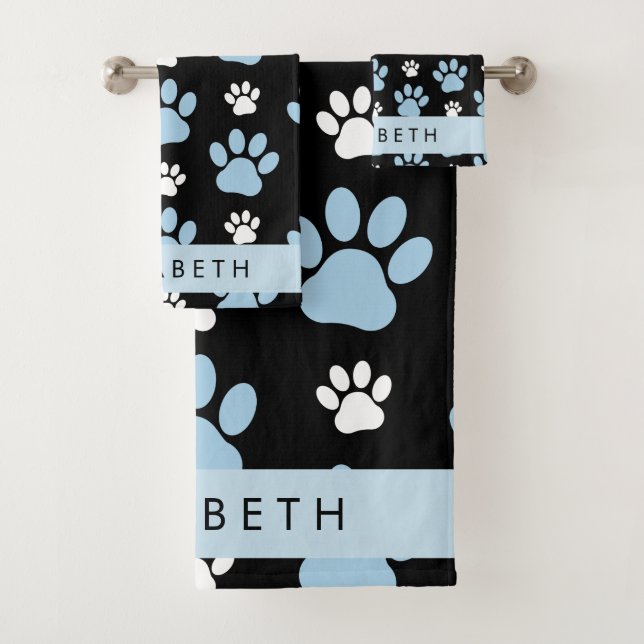 Pattern Of Paws, Blue Paws, Dog Paws, Your Name Bath Towel Set (Insitu)