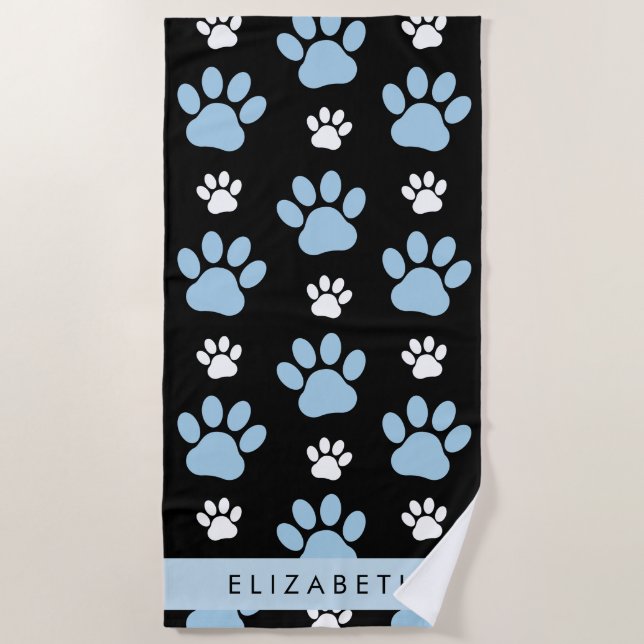 Pattern Of Paws, Blue Paws, Dog Paws, Your Name Beach Towel (Front)