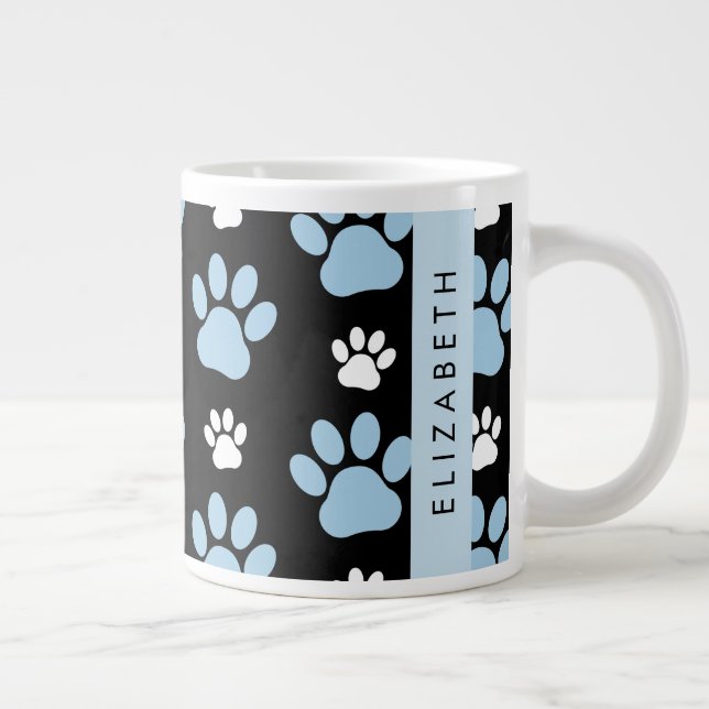 Pattern Of Paws, Blue Paws, Dog Paws, Your Name Large Coffee Mug (Right)