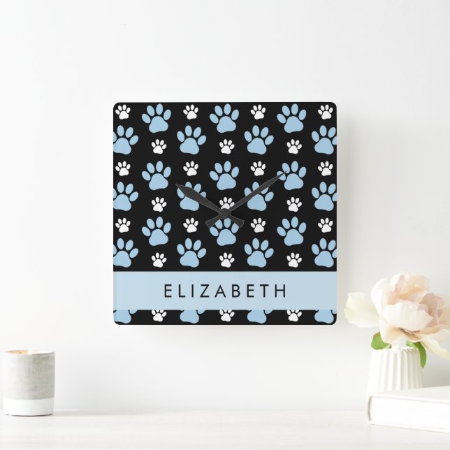 Pattern Of Paws, Blue Paws, Dog Paws, Your Name Square Wall Clock (Home)