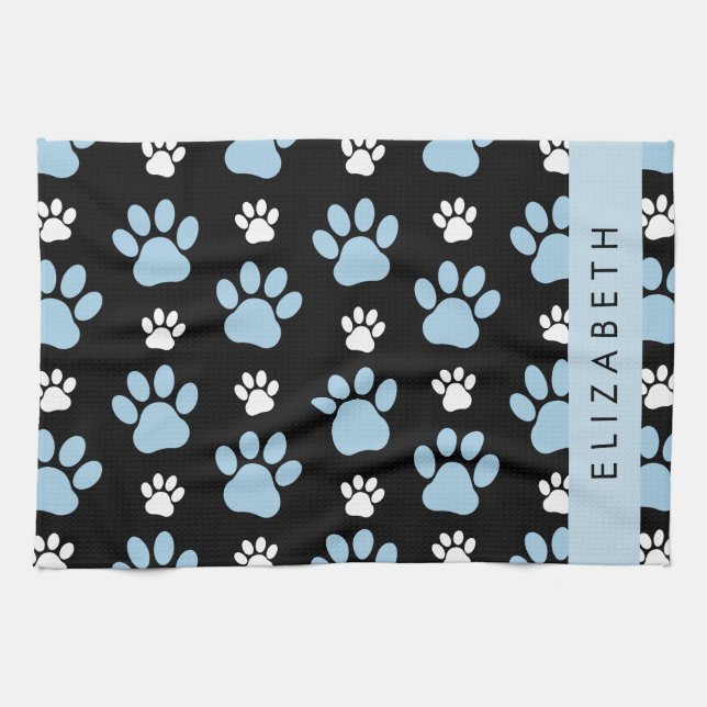 Pattern Of Paws, Blue Paws, Dog Paws, Your Name Tea Towel (Horizontal)