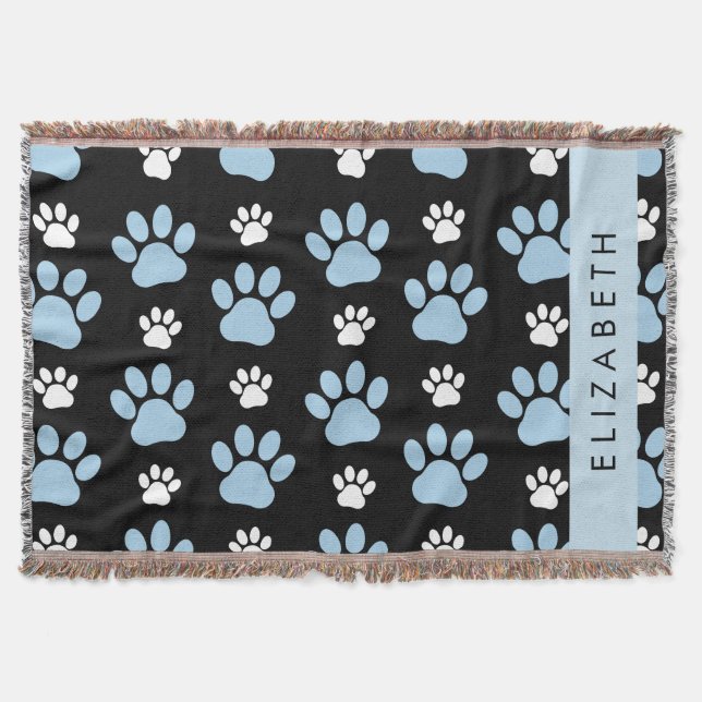 Pattern Of Paws, Blue Paws, Dog Paws, Your Name Throw Blanket (Front)