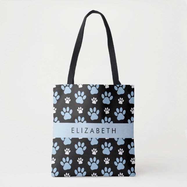 Pattern Of Paws, Blue Paws, Dog Paws, Your Name Tote Bag (Front)