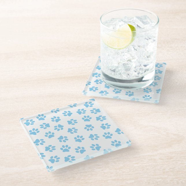 Pattern Of Paws, Dog Paws, Baby Blue Paws Glass Coaster (Angled)