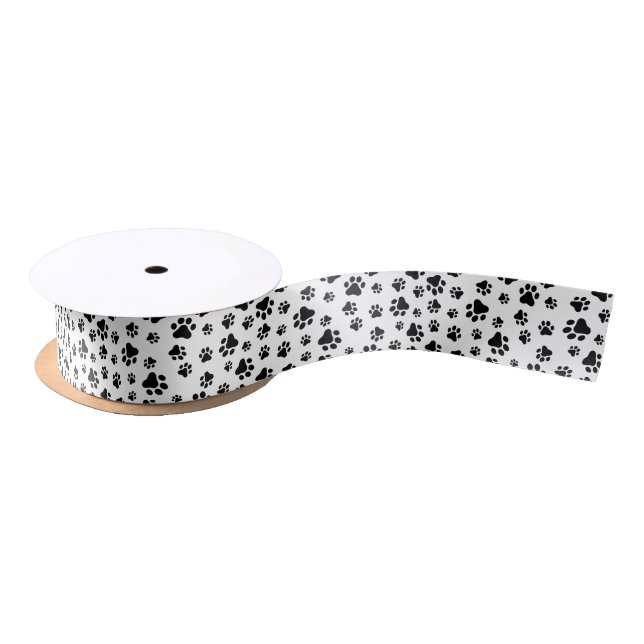 Pattern Of Paws, Dog Paws, Black and White Satin Ribbon (Spool)