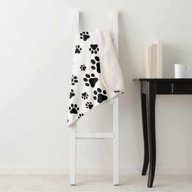 Pattern Of Paws, Dog Paws, Black and White Sherpa Blanket (In Situ)