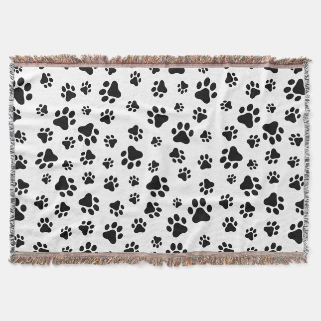 Pattern Of Paws, Dog Paws, Black and White Throw Blanket (Front)