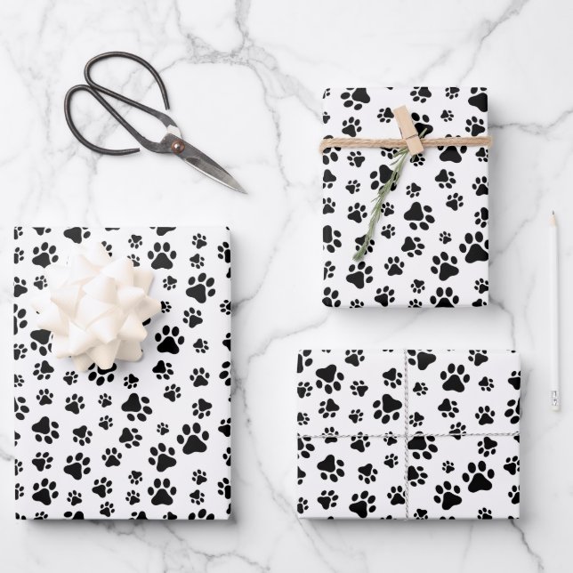 Pattern Of Paws, Dog Paws, Black and White Wrapping Paper Sheet (Front)