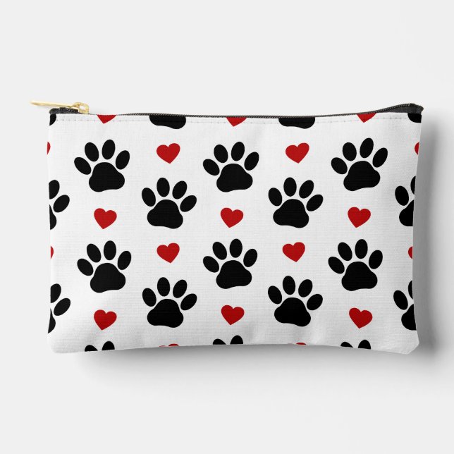 Pattern Of Paws, Dog Paws, Black Paws, Red Hearts Accessory Pouch (Front)