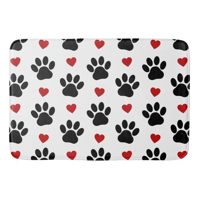 Pattern Of Paws, Dog Paws, Black Paws, Red Hearts Bath Mat (Front)