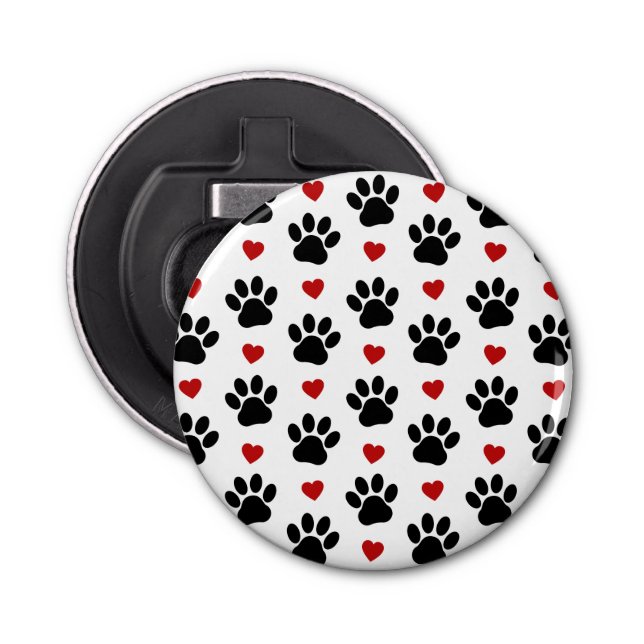 Pattern Of Paws, Dog Paws, Black Paws, Red Hearts Bottle Opener (Front)