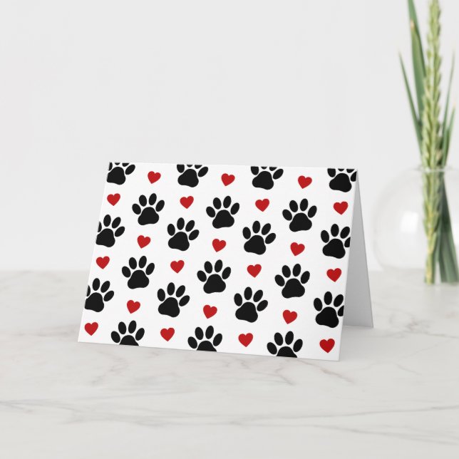 Pattern Of Paws, Dog Paws, Black Paws, Red Hearts Card (Front)