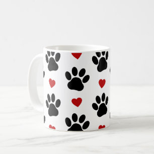 Pattern Of Paws, Dog Paws, Black Paws, Red Hearts Coffee Mug