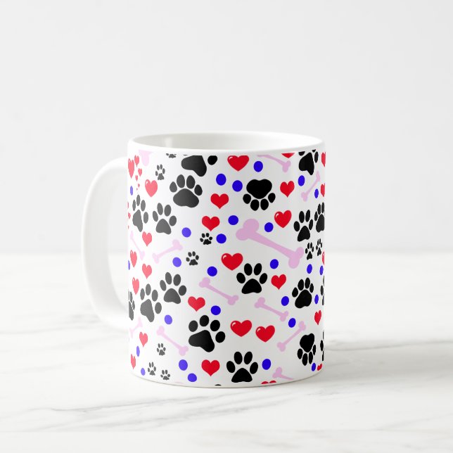 Pattern Of Paws, Dog Paws, Black Paws, Red Hearts Coffee Mug (Front Left)