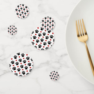Pattern Of Paws, Dog Paws, Black Paws, Red Hearts Confetti