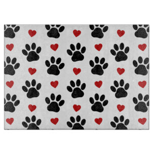 Pattern Of Paws, Dog Paws, Black Paws, Red Hearts Cutting Board