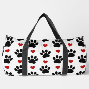 Pattern Of Paws, Dog Paws, Black Paws, Red Hearts Duffle Bag