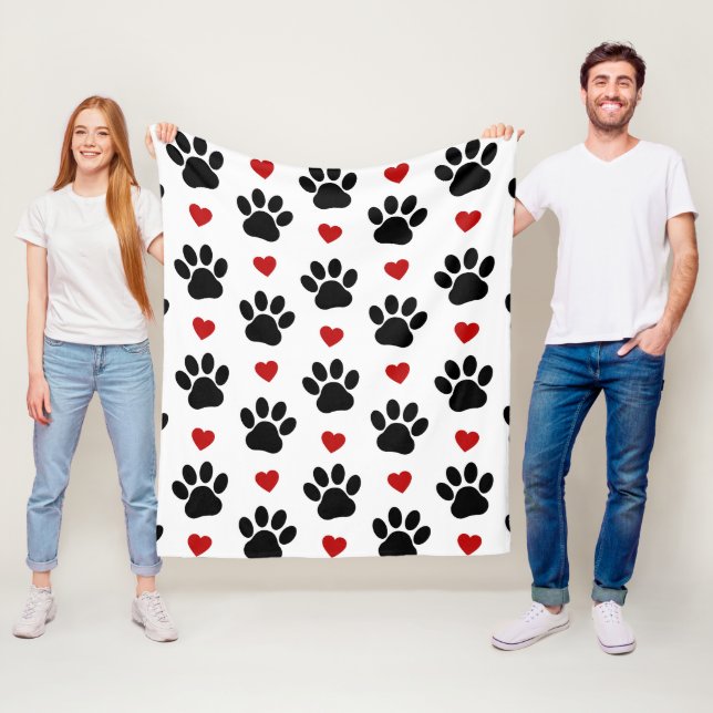 Pattern Of Paws, Dog Paws, Black Paws, Red Hearts Fleece Blanket (In Situ)