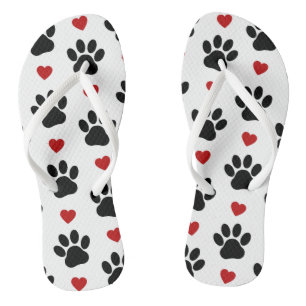 Pattern Of Paws, Dog Paws, Black Paws, Red Hearts Flip Flops