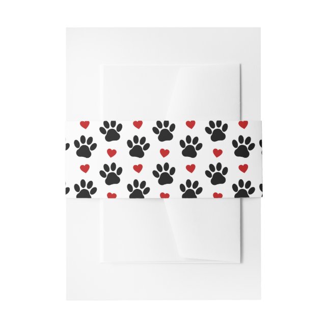 Pattern Of Paws, Dog Paws, Black Paws, Red Hearts Invitation Belly Band (Front Example)