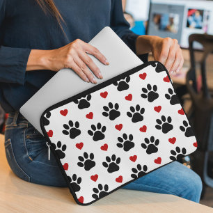 Pattern Of Paws, Dog Paws, Black Paws, Red Hearts Laptop Sleeve