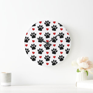 Pattern Of Paws, Dog Paws, Black Paws, Red Hearts Large Clock