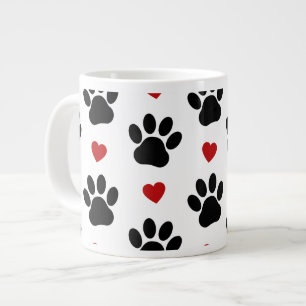 Pattern Of Paws, Dog Paws, Black Paws, Red Hearts Large Coffee Mug