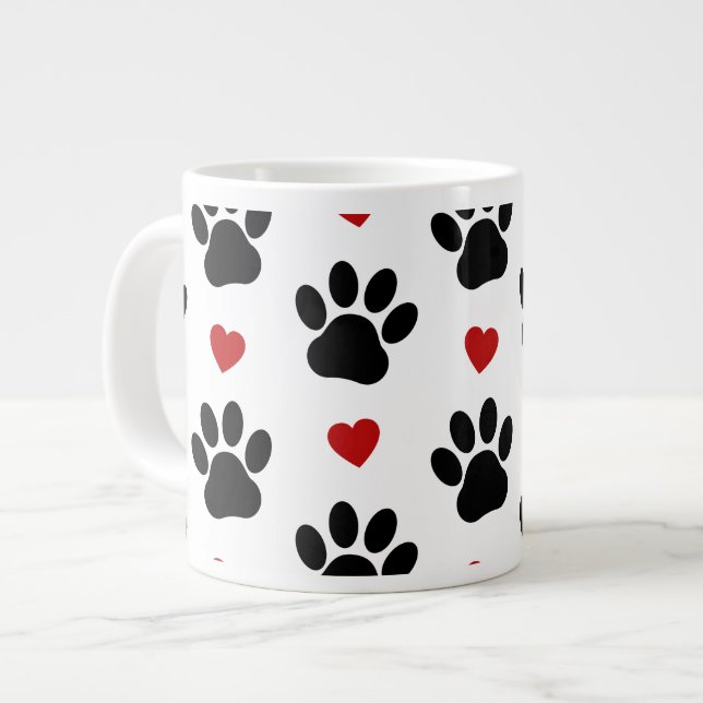 Pattern Of Paws, Dog Paws, Black Paws, Red Hearts Large Coffee Mug (Front Left)