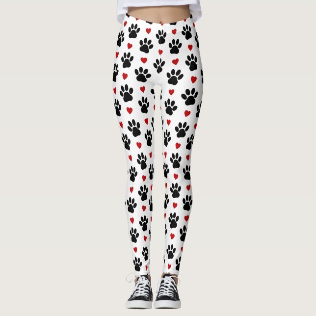 Pattern Of Paws, Dog Paws, Black Paws, Red Hearts Leggings (Front)