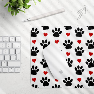 Pattern Of Paws, Dog Paws, Black Paws, Red Hearts Mouse Mat