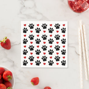 Pattern Of Paws, Dog Paws, Black Paws, Red Hearts Napkin