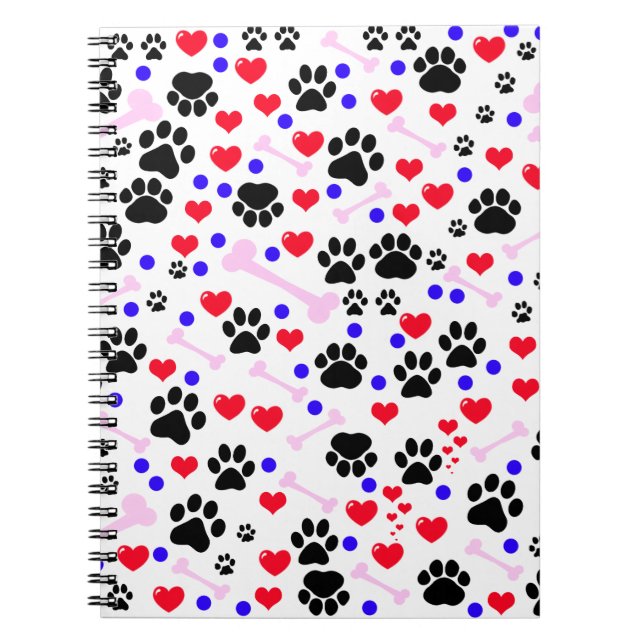 Pattern Of Paws, Dog Paws, Black Paws, Red Hearts Notebook (Front)