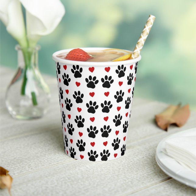 Pattern Of Paws, Dog Paws, Black Paws, Red Hearts Paper Cups (Insitu)