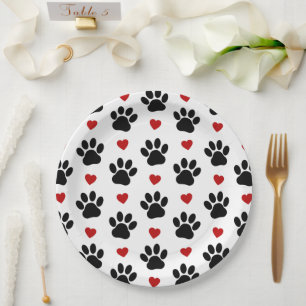 Pattern Of Paws, Dog Paws, Black Paws, Red Hearts Paper Plate