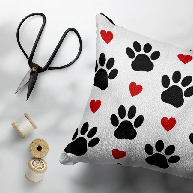 Pattern Of Paws, Dog Paws, Black Paws, Red Hearts Pillowcase (Creator Uploaded)
