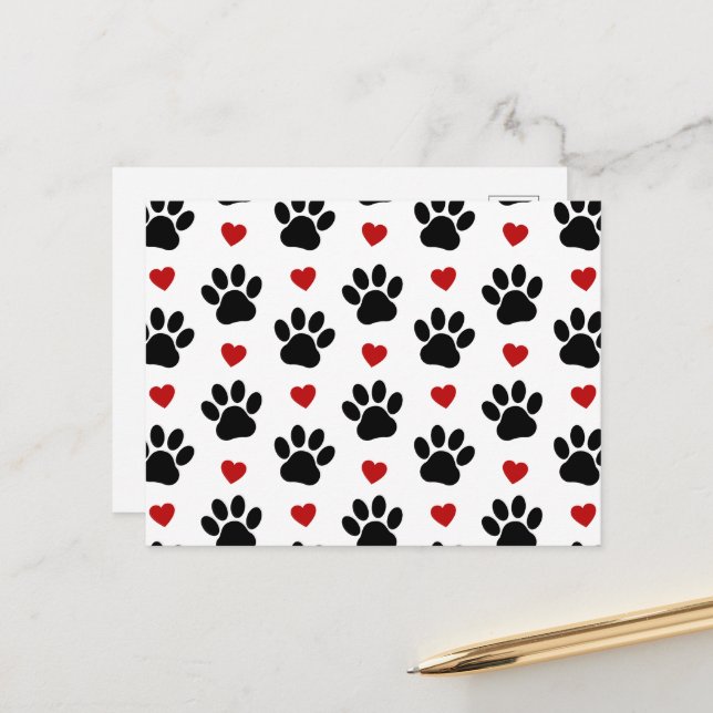 Pattern Of Paws, Dog Paws, Black Paws, Red Hearts Postcard (Front/Back In Situ)